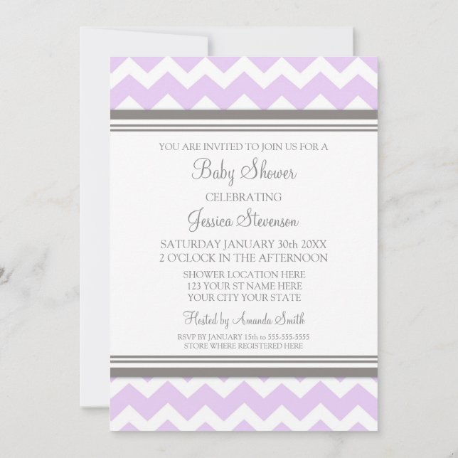 Lilac Grått Chevron Anpassningsbar Baby Shower-inb Inbjudningar (Baksida)