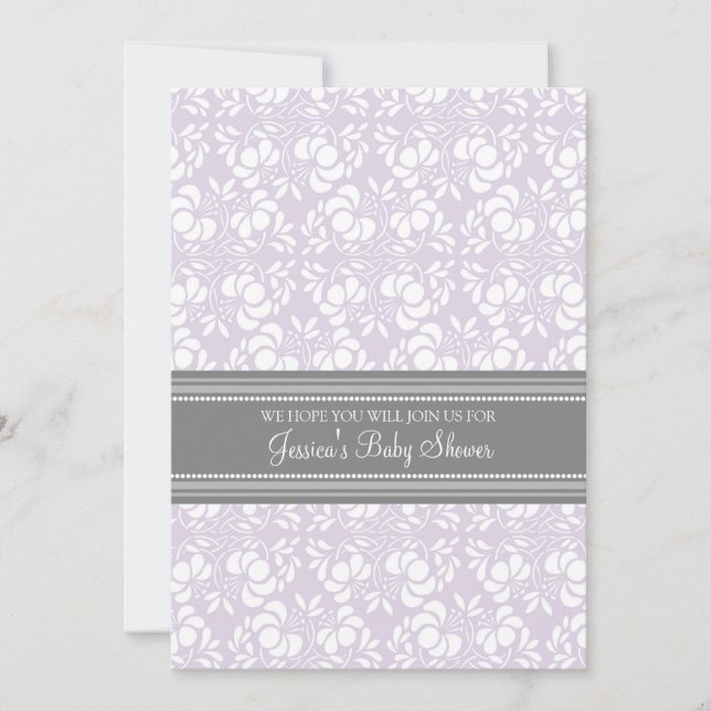 Lilac Grått Damask Anpassningsbar Babyskuschinbjud Inbjudningar (Framsida)
