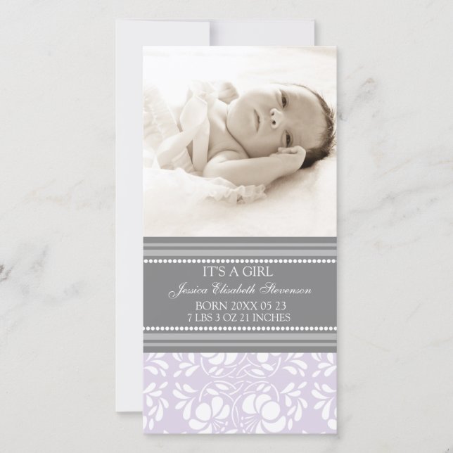 Lilac Grått Template Nyfödd bebis Birth Notice Meddelande (Framsida)