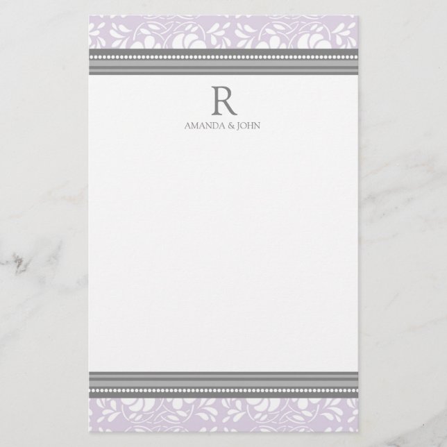 Lilac Grått White Bröllop Monogram Stationery Brevpapper (Framsida)