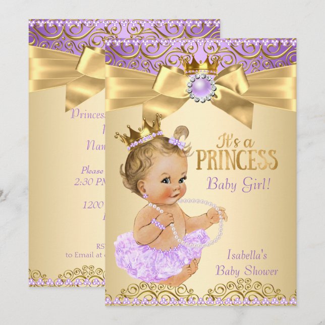 Lilac Guld Ballerina Princess Baby Shower Blonde Inbjudningar (Fram/baksida)