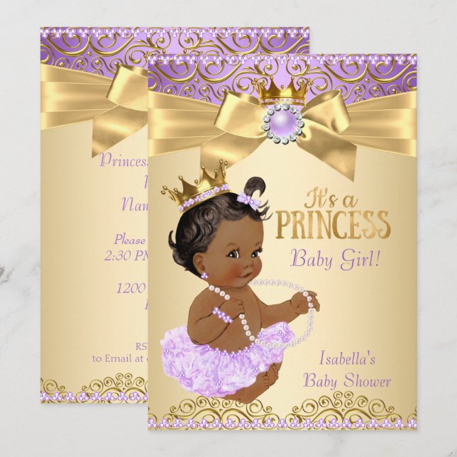 Lilac Guld Ballerina Princess Baby Shower Ethnic Inbjudningar (Fram/baksida)