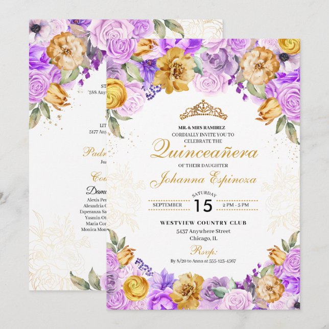 Lilac & Guld Blommigt Glitter Tiara Quinceanera Inbjudningar (Fram/baksida)