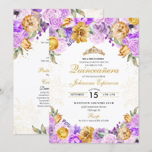 Lilac & Guld Blommigt Glitter Tiara Quinceanera Inbjudningar