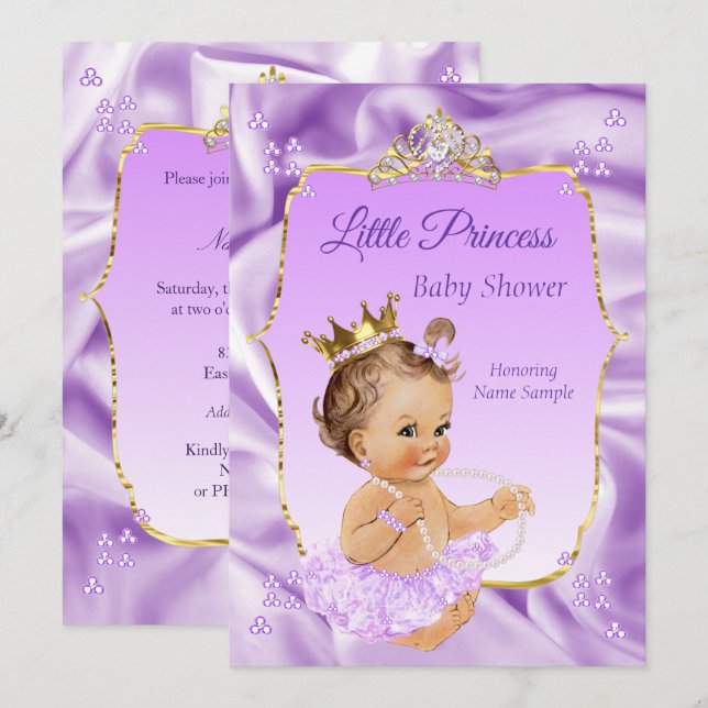 Lilac Guld Princess Baby Shower Girl brunette Inbjudningar (Fram/baksida)