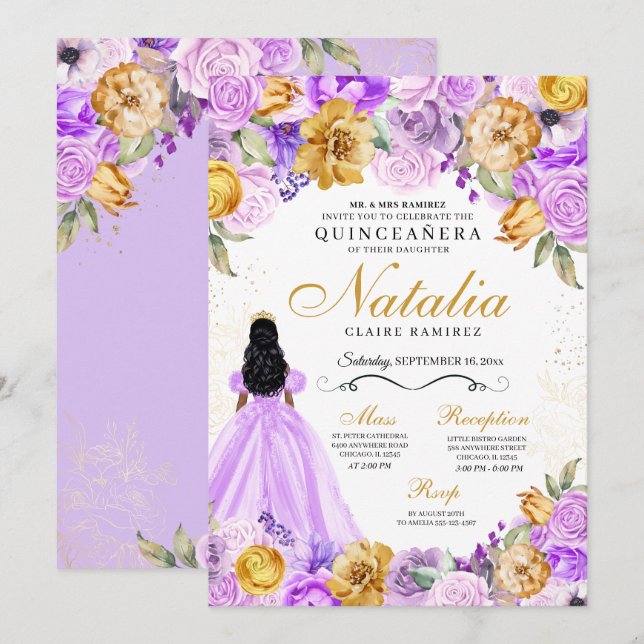 Lilac Guld Princess Glitter Tiara Quinceanera Inbjudningar (Fram/baksida)