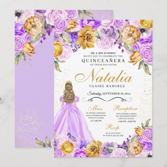 Lilac Guld Princess Glitter Tiara Quinceanera Inbjudningar (Fram/baksida)