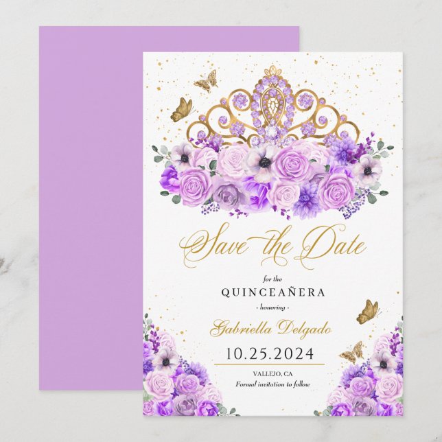 Lilac & Guld Tiara sparar datumet Quinceañera Inbjudningar (Fram/baksida)