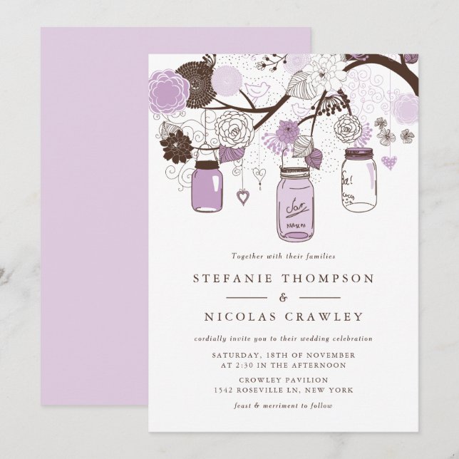 Lilac Hanging Mason Burk Bröllop Inbjudningar (Fram/baksida)