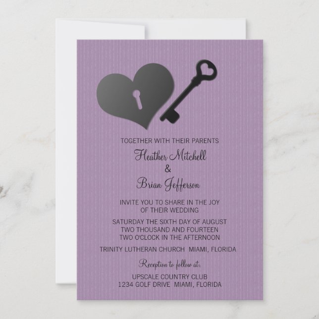 Lilac Heart Lock och Nyckel Wedding bjudande in Inbjudningar (Framsida)