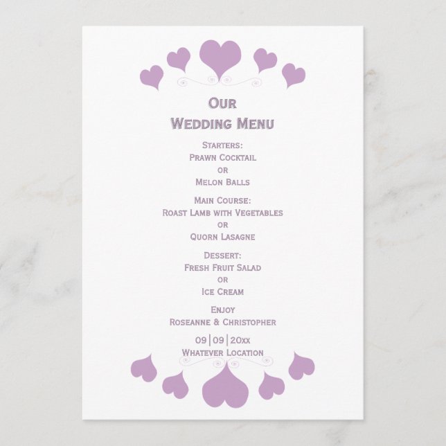 Lilac Hearts Design Bröllop Meny (Framsida)