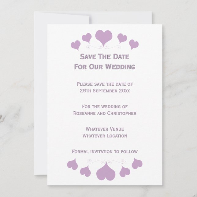 Lilac Hearts Design Bröllop Spara Datumet (Framsida)
