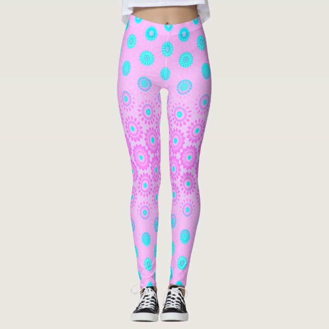 Lilac, Himlar Blue och Rosa Flowers Leggings (Framsida)