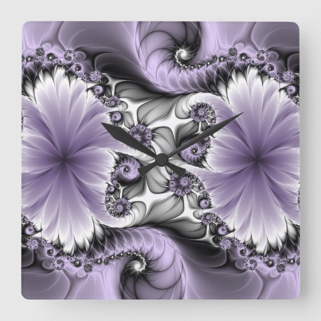 Lilac Illusion Abstrakt Blommigt Fractal Art Fanta Fyrkantig Klocka (Framsida)