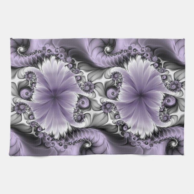 Lilac Illusion Abstrakt Blommigt Fractal Art Fanta Kökshandduk (Horisontell)