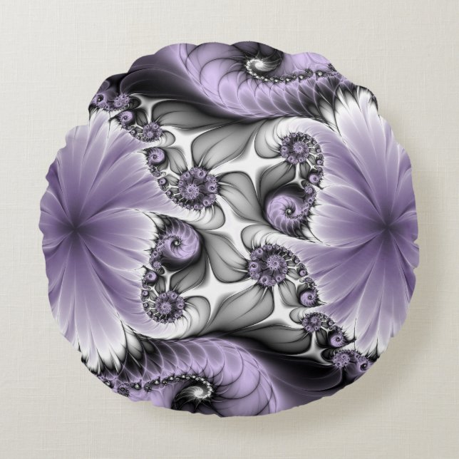 Lilac Illusion Abstrakt Blommigt Fractal Art Fanta Rund Kudde (Framsidan)