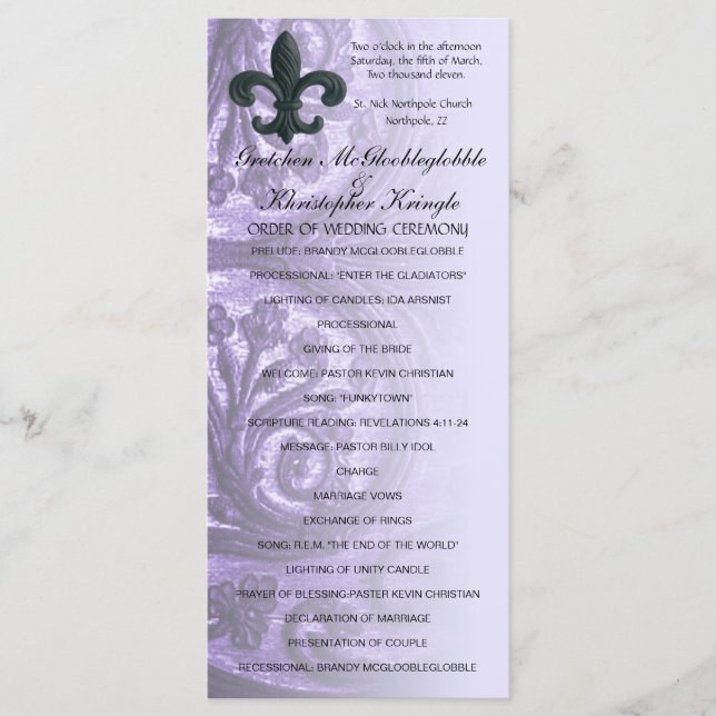 Lilac "järn fleur de lis" BRÖLLOPSPROGRAM Program (Framsida)