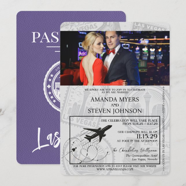 Lilac Las Vegas Passport Bröllop Inbjudningar (Fram/baksida)
