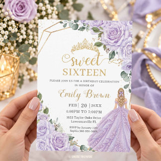 Lilac Lavendel Lila Ros Blommig Sweet Sixteen 16 Inbjudningar