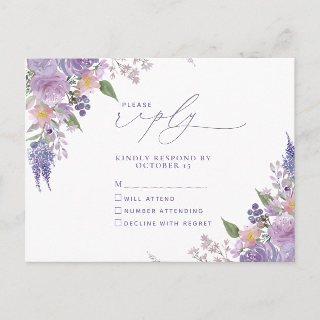 Lilac Lavendel Modern Blommig Inget Meny RSVP (Framsida)