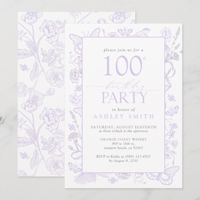 Lilac Lavender 100:e Födelsedagsfestens Blommigt E Inbjudningar (Fram/baksida)