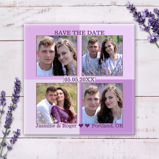 Lilac Lavender dina 4 foton Spara datum magneter (Save the Date magnet featuring your own 4 photos framed by a checkered lilac and lavender background)