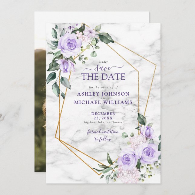 Lilac Lavender Guld Geometric Photo Save Date Spara Datumet (Fram/baksida)