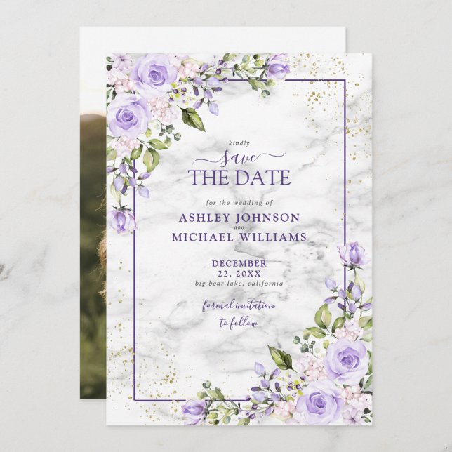 Lilac Lavender Guld Geometric Photo Save Date Spara Datumet (Fram/baksida)