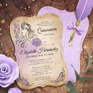 Lilac Lavender Guld Princess Quinceanera Birthday Inbjudningar