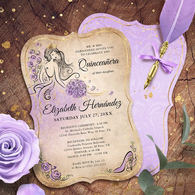Lilac Lavender Guld Princess Quinceanera Birthday Inbjudningar (A unique, elegant princess themed lilac lavender and gold invitation template editable by you.)