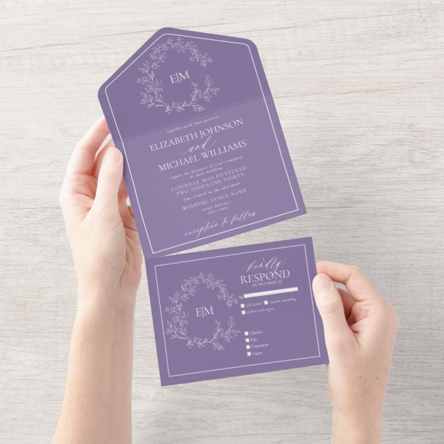 Lilac Lavender Leafy Vapensköld Monogram Bröllop (Avrivbar del)