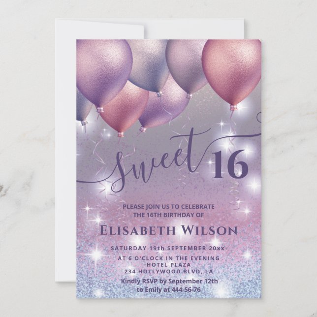 Lilac lavender mousserande glittery ombre ballong inbjudningar (Framsida)