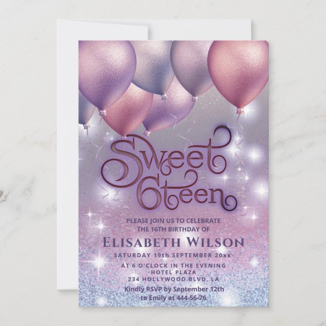 Lilac lavender mousserande glittery ombre ballong inbjudningar (Framsida)