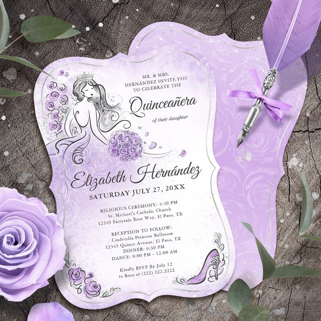 Lilac Lavender och Silver Princess Quince Birthday Inbjudningar (Unique, downloadable lavender and lilac quinceanera invitations on an editable DIY template.)