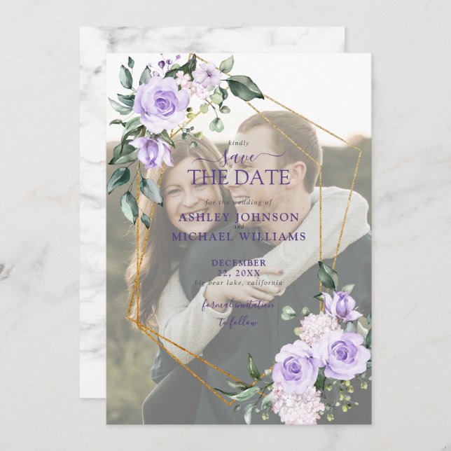 Lilac Lavender Vellum Overlay Photo Save Date Spara Datumet (Fram/baksida)