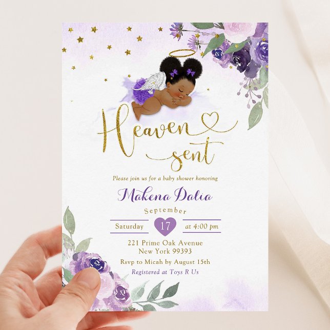 Lilac Lila Afro African Baby Heaven Sent Shower Inbjudningar (Skapare uppladdad)