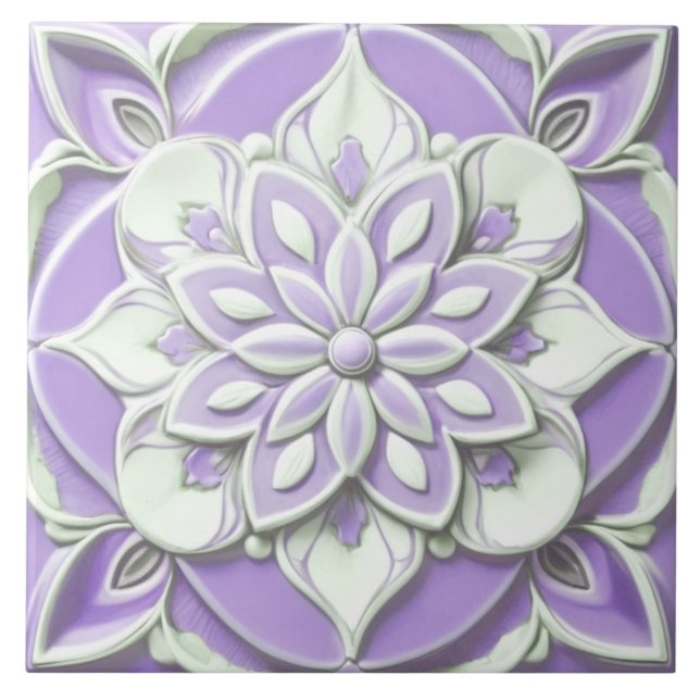 Lilac Lila and White Faux Relief Blommigt Flower Kakelplatta (Framsidan)