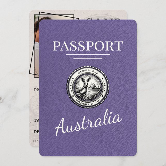 Lilac Lila Australia Passport Save Date Spara Datumet (Fram/baksida)