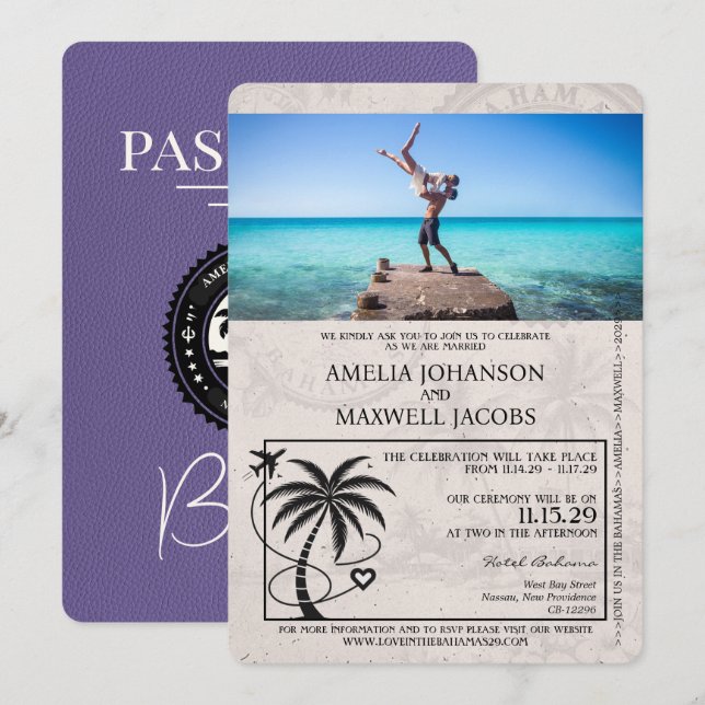 Lilac Lila Bahamas Passport Bröllop Inbjudningar (Fram/baksida)