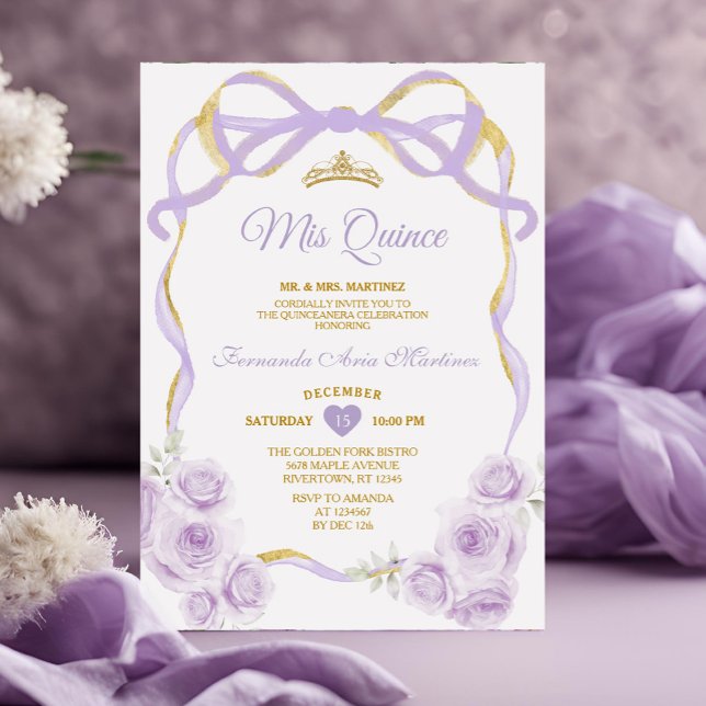 Lilac Lila Blommigt Bow Guld Ribbon Mis Quince Inbjudningar (Skapare uppladdad)