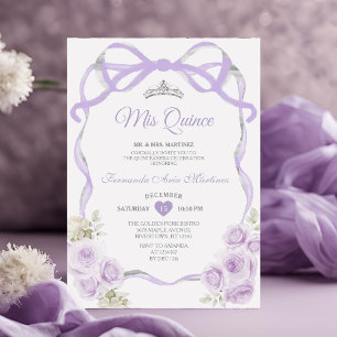 Lilac Lila Blommigt Bow Ribbon Silver Mis Quince Inbjudningar