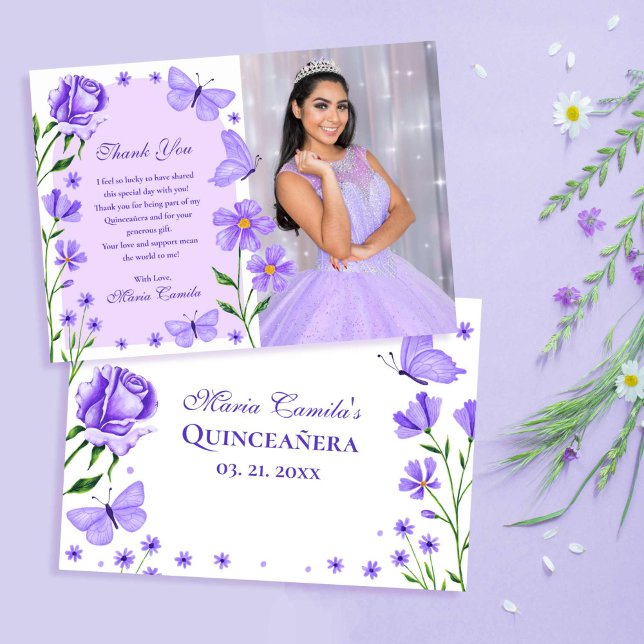 Lilac Lila Blommigt Butterflies Photo Quinceañera Tack Kort (Lilac Purple Floral Butterflies Photo Quinceañera Thank You Card)