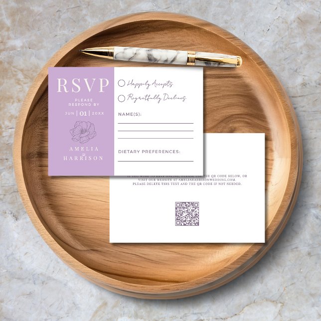 Lilac Lila Blommigt Elegant bröllop OSA Kort (Lilac Purple Floral Elegant Wedding RSVP Card with Dietary Preferences, QR Code, Wedding Website.)