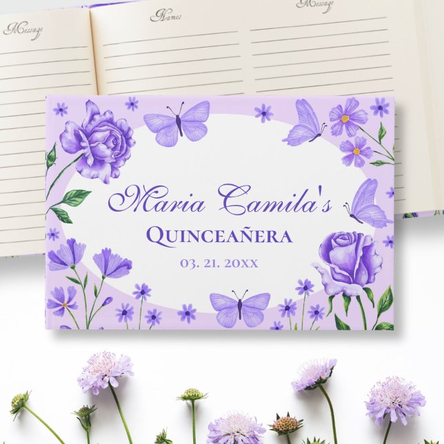 Lilac Lila Blommigt Quinceañera 15:e födelsedagen Gästböcker (Lilac Purple Floral Quinceañera 15th Birthday Guest Book)