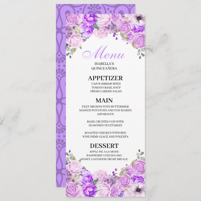 Lilac Lila Blommigt Quinceanera Menu Inbjudningar (Fram/baksida)