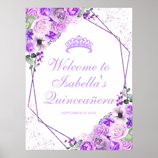 Lilac Lila Blommigt Quinceanera Välkomsttecken Poster (Framsidan)