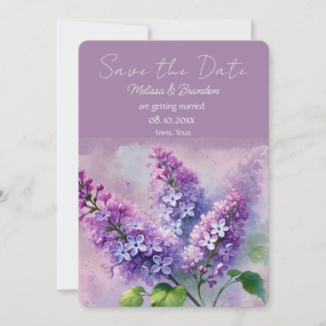 Lilac Lila Blommigt Rustic Bröllop spara datum Inbjudningar (Framsida)
