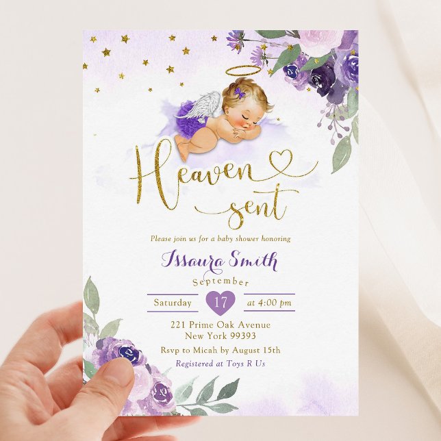Lilac Lila Blonde Baby Heaven Sent Baby Shower Inbjudningar (Skapare uppladdad)
