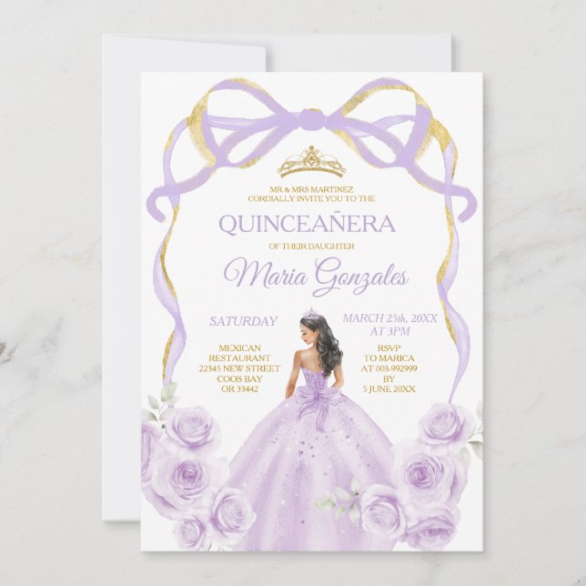 Lilac Lila Bow Princess Guld Krona Quinceañera Inbjudningar (Framsida)