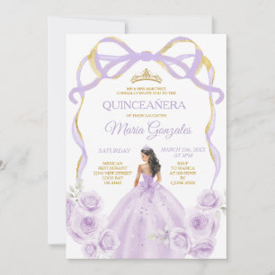 Lilac Lila Bow Princess Guld Krona Quinceañera Inbjudningar
